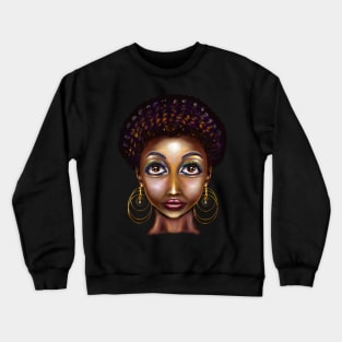 Queen Black is beautiful black girl with Gold earrings, expressive brown eyes looking  upwards and dark brown skin ! Crewneck Sweatshirt